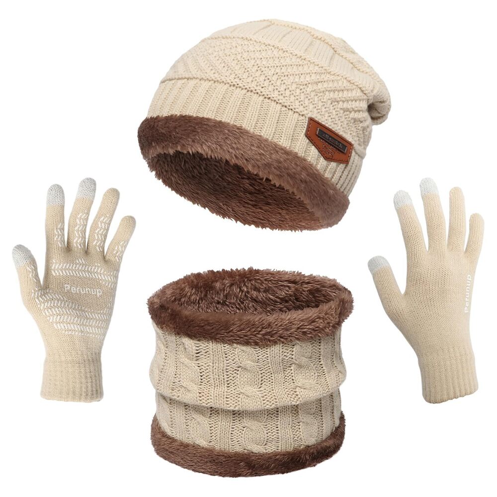 6118 Winter Knit Beanie Hat Neck Warmer Scarf and Touch Screen Gloves Set 3